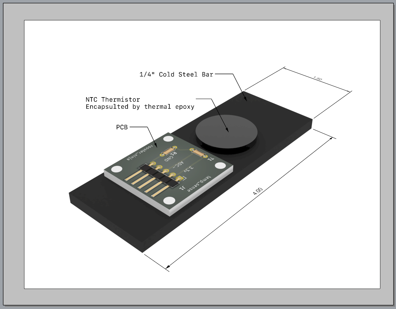 NTC thermistor assembly — sensor epoxied into a steel bar thermal mass